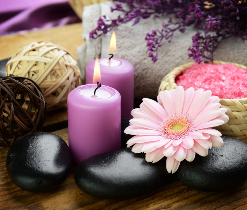 beauty in nature, tranquil Scene, fire, softness, flame, sea salt, candles, wood - Material, scented, zen-like, flowers, wellbeing, health Spa, indoors