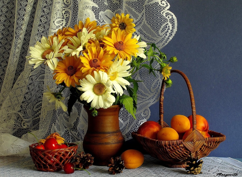 fruit, centerpiece, leaf, rustic, blossom, green Color, fruits, season, pattern, wicker, fragility, orange, flower arrangement, vase, decor, gerbera, plant