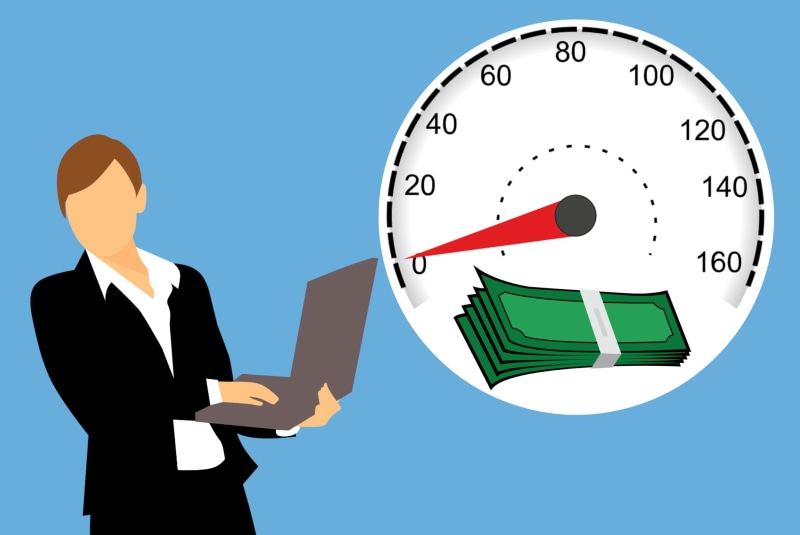 mortgage, monitor, income, equity, investment, indicator, dial, online, business person, businessman, clock hand, blue background, dashboard, suit, rise