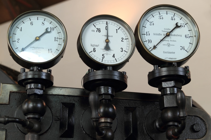 industry, physical pressure, factory, pressure gauge, Steam, museum, Bocholt, textile, number, meter - instrument of measurement, close-up, equipment, machine valve