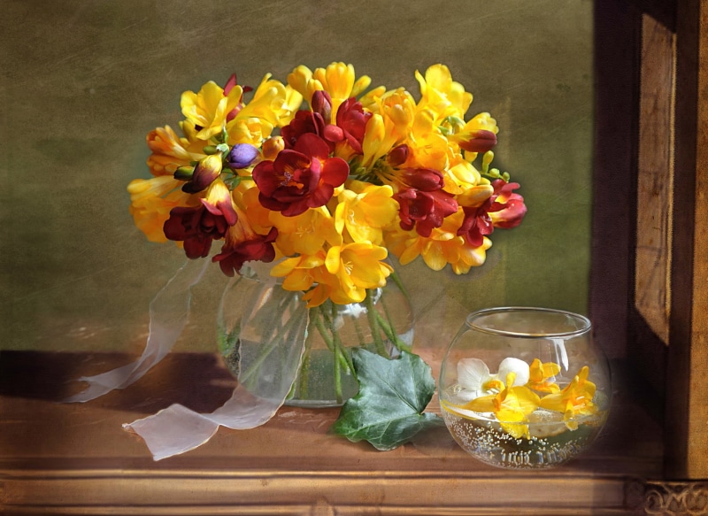 tulip, arrangement, no People, table, plant, freesia, flower, 1080P, flowering plant, petaled, decoration, blossom, freshness, easter, lifes, glass - material