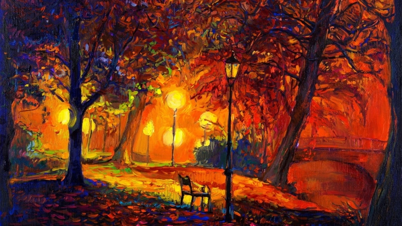 Modern Impressionism, 1080P, artwork, park, Fall, Lamps, Trees, leaves, painting, digital art, nature, bench