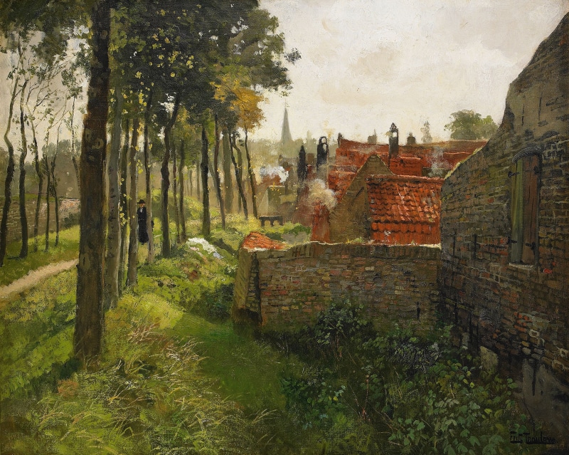brick, home, path, impressionism, Northern European painting, 1080P, Frits Thaulov, trees, The Parish Priest