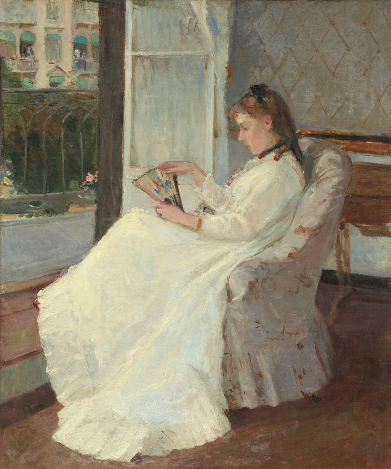chair, painting, white, balcony, 1080P, women, artwork, white dress, impressionism, Berthe Morisot