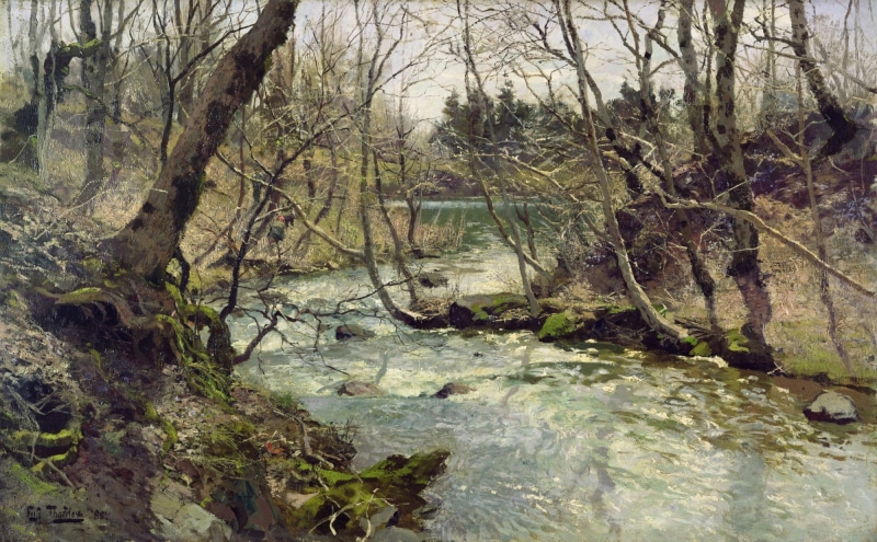 impressionism, trees, river, 1080P, Frits Thaulov, Northern European painting, Elv