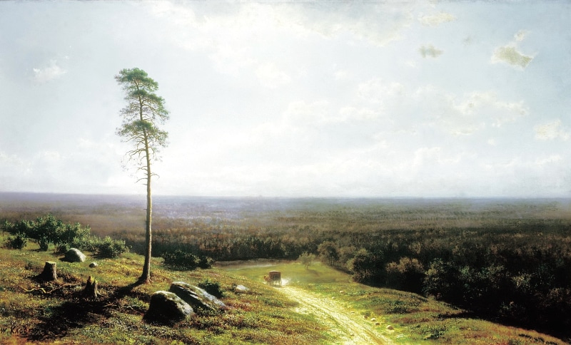 picture, tree, 1878, wagon, 1080P, landscape, road, horse, stones, Klodt, andquot;forest Dale at noonandquot;, heat