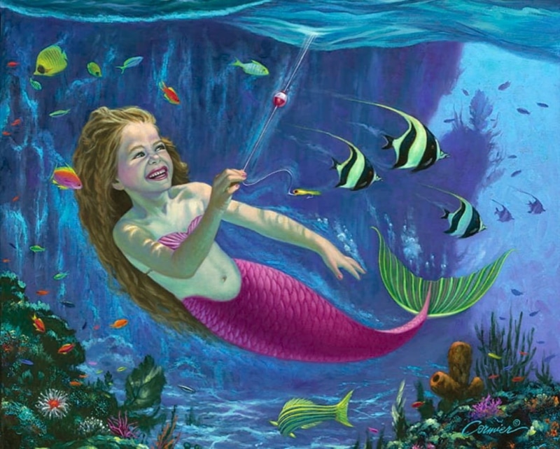 fantasy, child, hair, hairstyle, blond hair, 480P, sea life, smiling, childhood, fish, luminos, pictura, blue, summer, outdoors, nature, animal wildlife