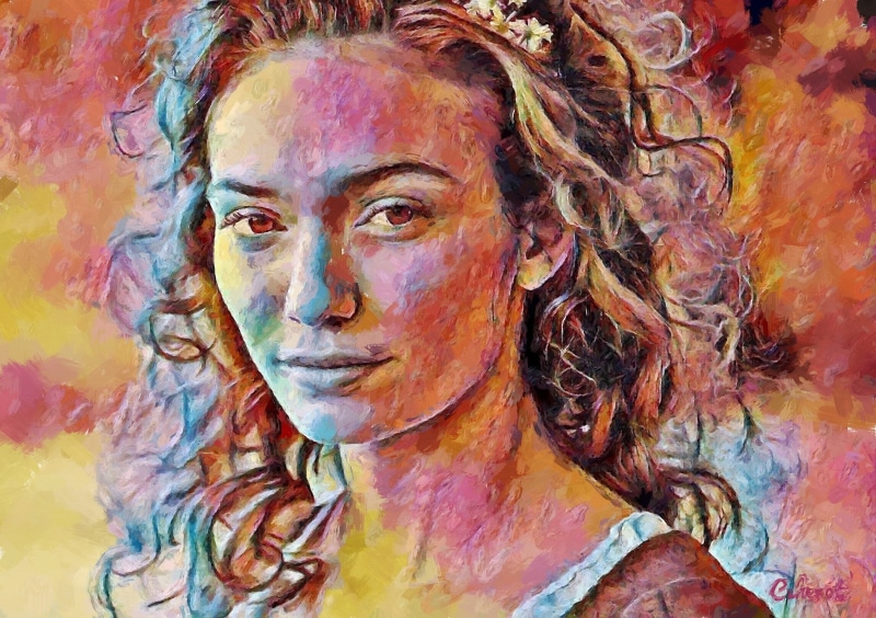 hairstyle, cehenot, art and craft, by cehenot, face paint, art, holi, young adult, front view, pictura, paint, Demelza, yellow, body paint, multi colored