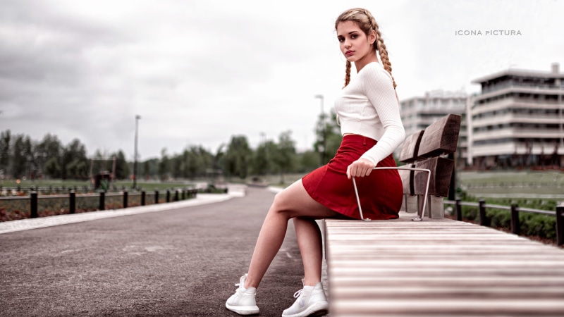 women outdoors, women, sneakers, Icona Pictura, looking at viewer, white sweater, braids, photography, 1080P, 500px, brown eyes, red skirt, blonde