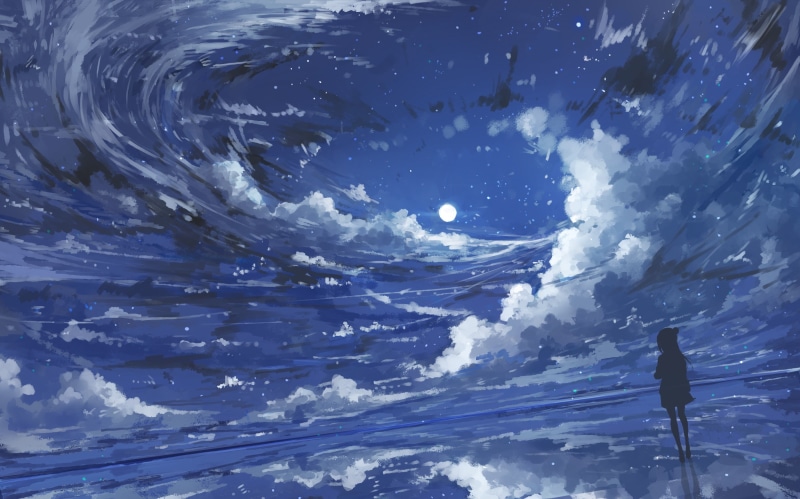 2K, painting, night, Moon, clouds, children, illustration, digital art