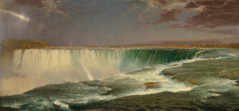 landscape, palm trees, traditional art, classic art, Frederic Edwin Church, painting, waterfall, 4K