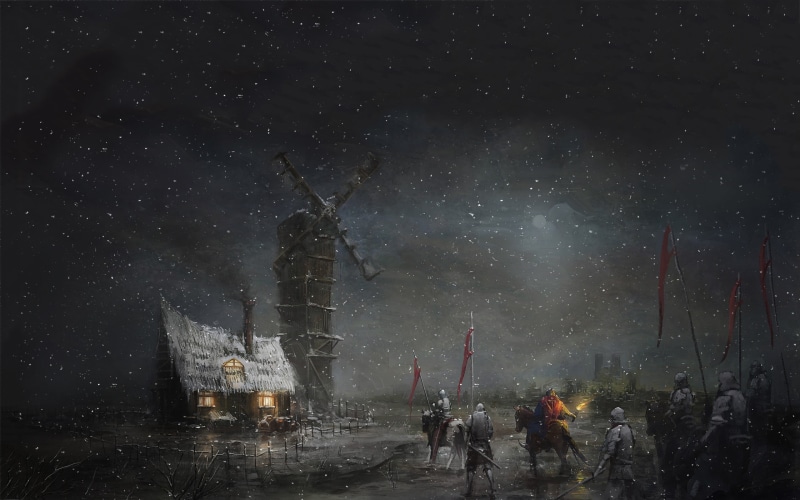 men, space, illustration, horse, group of people, night, built structure, nature, fantasy art, standing, building exterior, people, hut, astronomy, 2K
