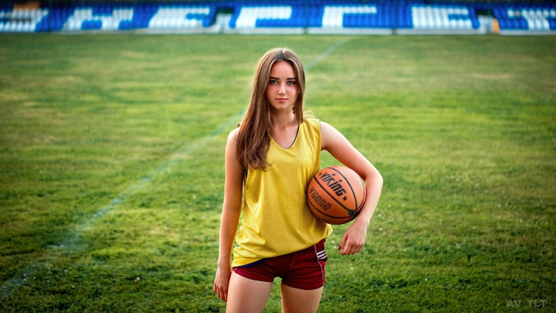basketball - sport, yellow tops, portrait, women, short shorts, day, sport, young adult, basketball - ball, depth of field, clothing, ball, outdoors, sports jerseys