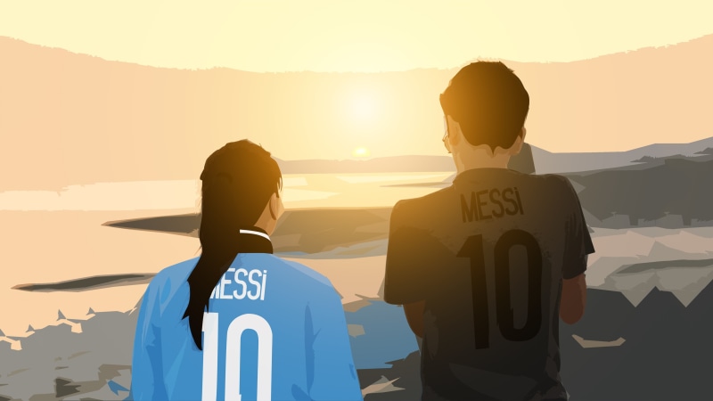 beach, landscape, people, sunset, Leo Messi, digital art, 4K