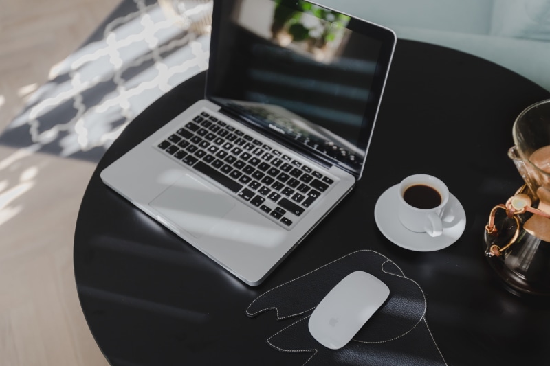workspace, coffee cup, chemex, workplace, roon, drink, desk, cup, coffee maker, 4K, coffee, living room, food and drink, black table, working, indoor