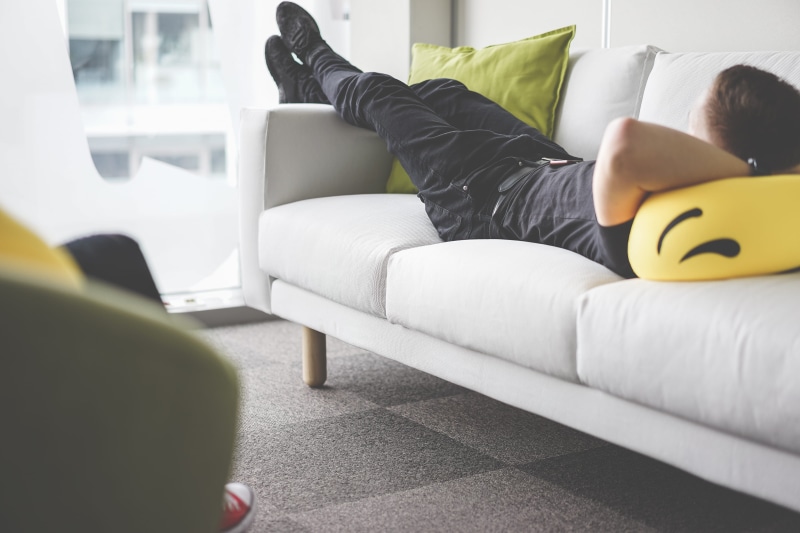 young Adult, resting, home interior, females, men, 4K, living room, real people, employer, napping, modern, lying down, designer, stuffed, people, sleeping
