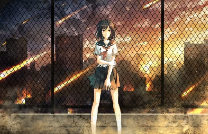front view, clothing, child, security, portrait, anime, fence, beautiful woman, real people, school uniform, chainlink fence, barrier, young adult, teenager