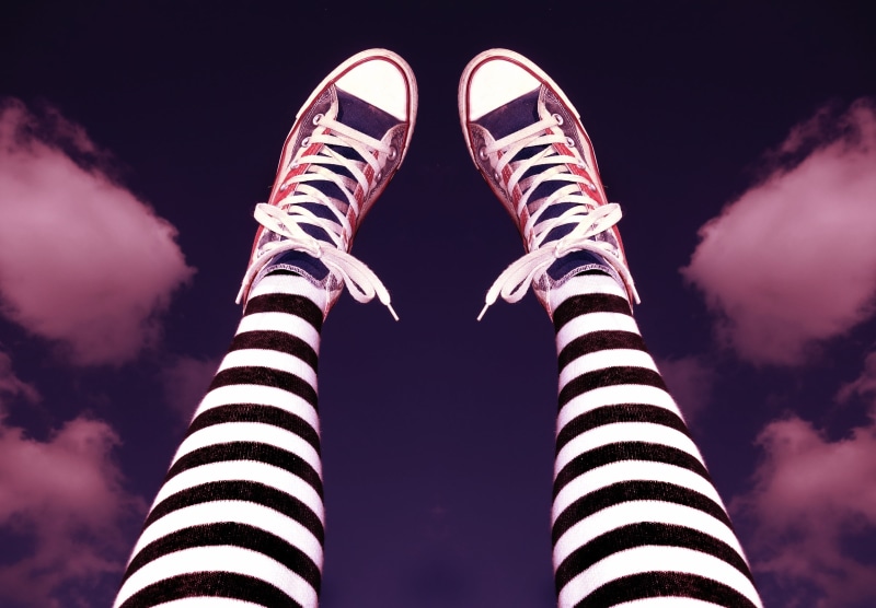 legs, stripy tights, sneakers, hip, striped, footwear, people, blue, cloud - sky, one woman only, human limb, female, only women, red, black, shoe, adult