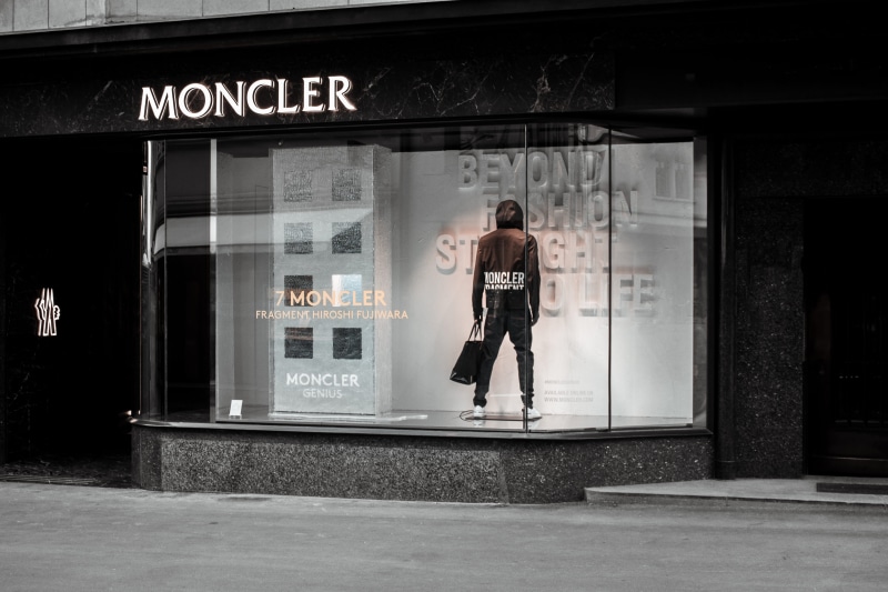 rear view, road, building, high fashion, store, entrance, adult, city, lucern, standing, women, monclere, person, near, shoe, leisure activity, 5K, built structure