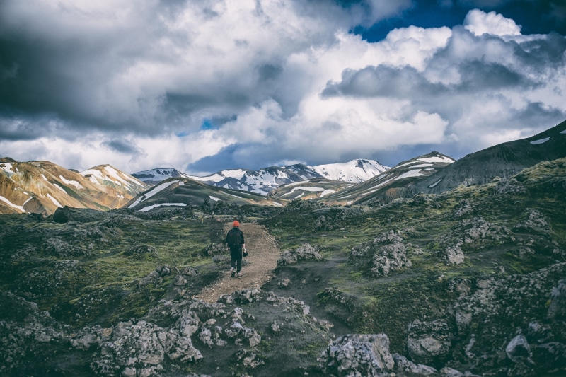 walking, hiking, backpack, beauty in nature, top, scenics - nature, full length, activity, person, environment, 5K, snowcapped mountain, suit, green, wilderness