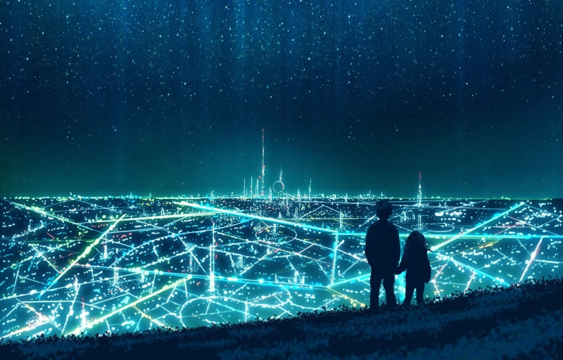 illuminated, abstract, full length, togetherness, shiny, built structure, spaceship, futuristic, neon, character, illustration, real people, silhouette