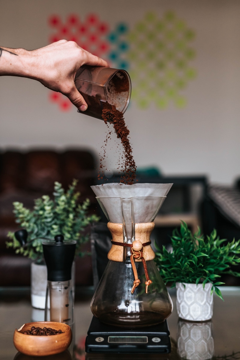 coffee, person, kitchen, pouring, table, 5K, making, pot, barista, close-up, glass, freshness, pour, focus on foreground, food and drink, powder, human hand