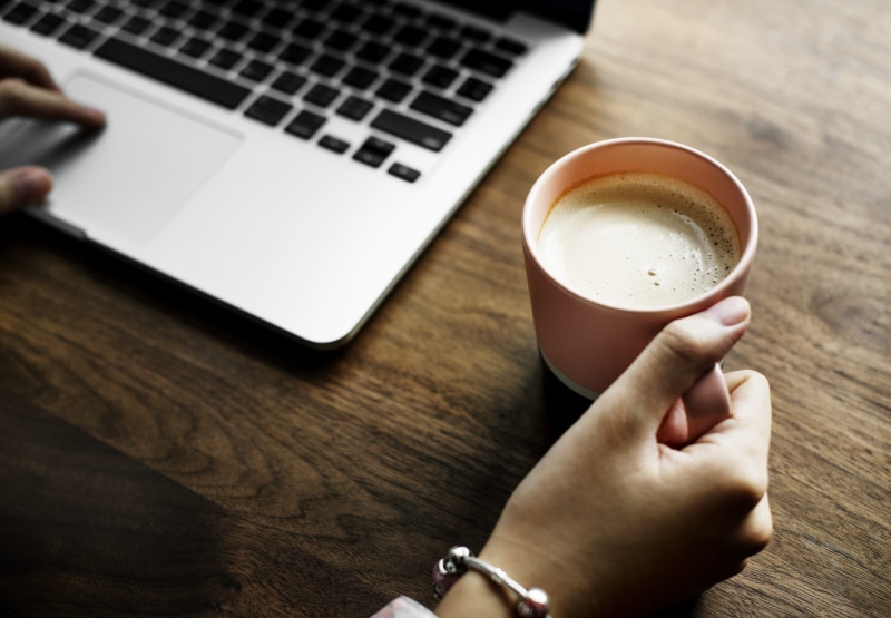 workplace, blogger, using, notebook, work from home, one person, food and drink, milk tea, cup, keyboard, routine, closeup, home, network, wireless technology