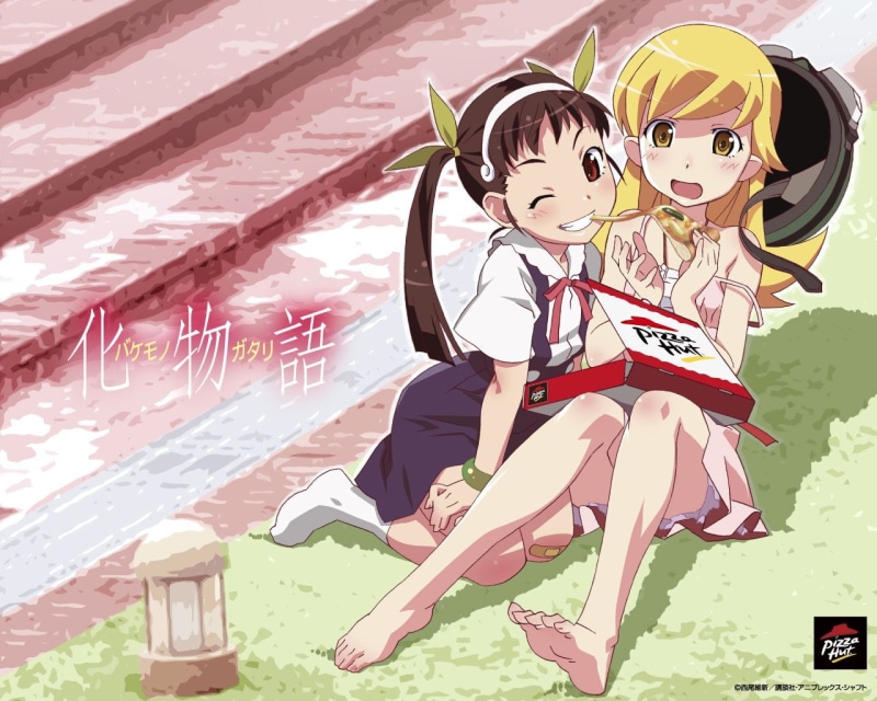 Bakemonogatari, full length, Blonde, Pizza Hut, Anime, representation, real people, Yellow Eyes, casual clothing, women, holding, creativity, Mayoi Hachikuji