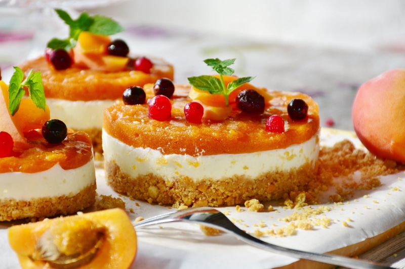 cheese, nutrition, sweet food, fruit, coffee time, food, three, quark tart, kitchen utensil, eating utensil, baked pastry item, fruits, round, plate, cream