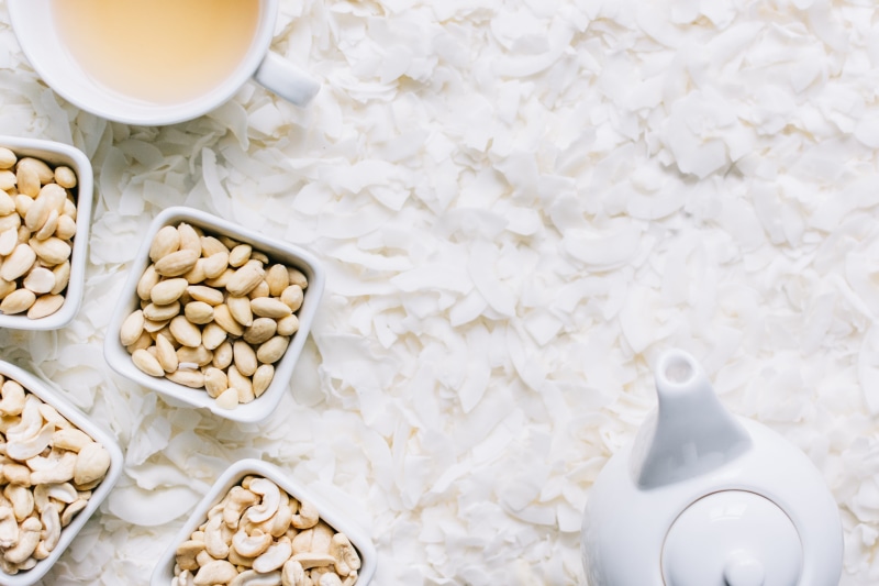 breakfast, indoors, flakes, crockery, cup, coconut, snack, high angle view, bakery, still life, pastry, drink, container, dessert, flour, healthy eating