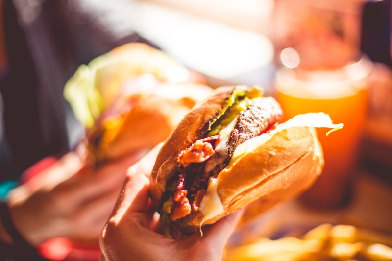 hand, Tasty, eating, yummy, unhealthy Eating, close up, indoors, restaurant, Burger, human body part, hungry, meal, sandwich, dinner, french Fries, bread