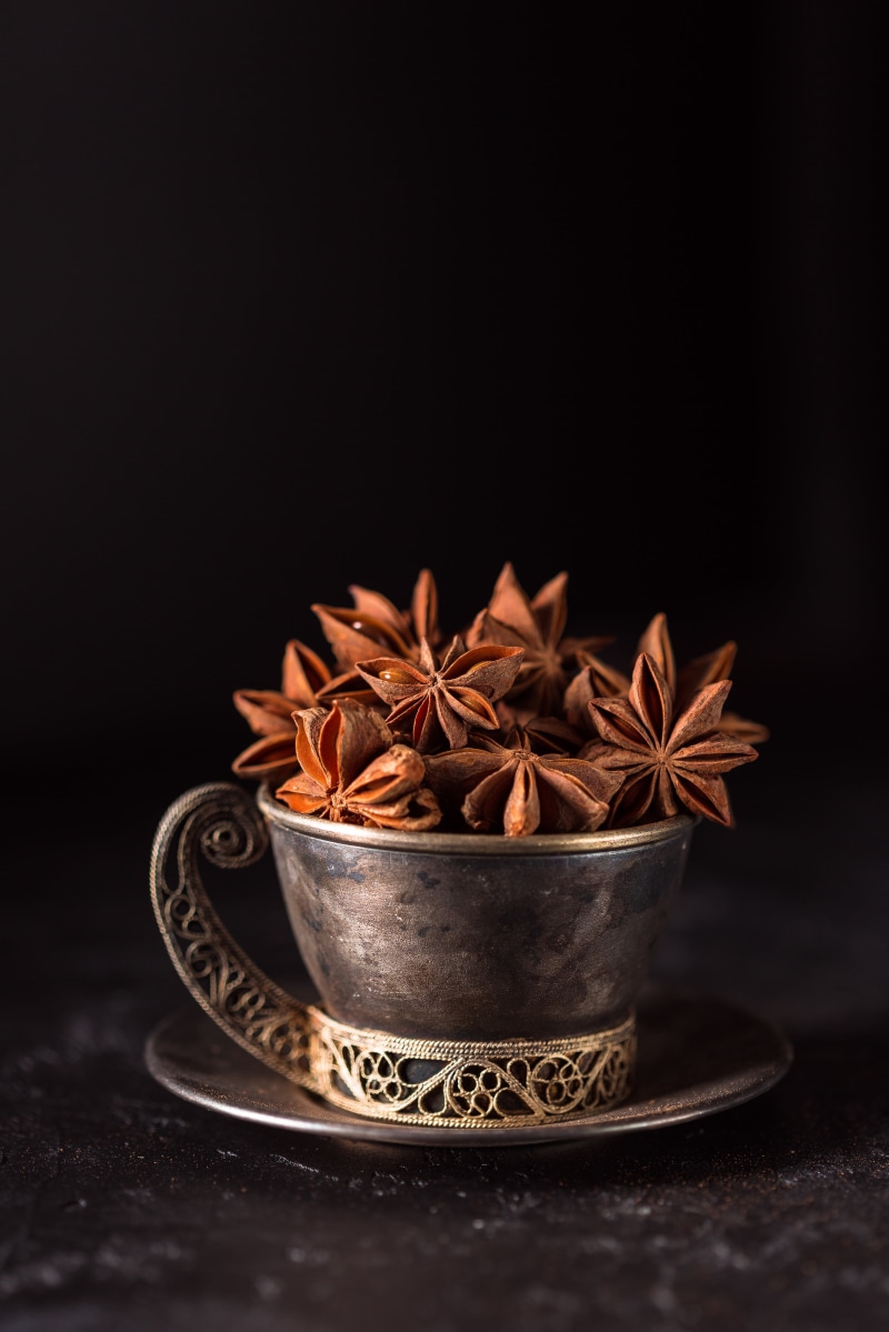 anise, gray, seasonings, seasoning, saucer, star anise, closeup, star shape, teacup, copy space, food and drink, close-up, photo, ware background, wellbeing