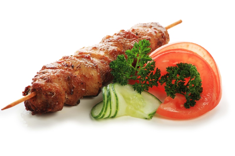chicken Meat, beef, heat - Temperature, no People, isolated, grilled, kebab, indoors, white background, eating, skewer, serving size, temptation, cooking