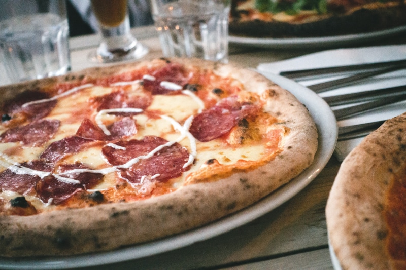 salami, ready-to-eat, cooked, still life, pepperoni pizza, plate, slice, drinking glass, temptation, indoors, pizza, pastry Dough, no People, restaurant