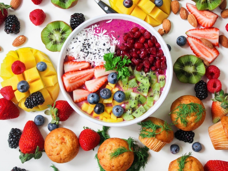 bowl, healthy eating, raspberry, food, tasty, muffins, strawberries, freshness, blueberries, indoors, ceramic, table, nuts, sliced, still life, bread, no people