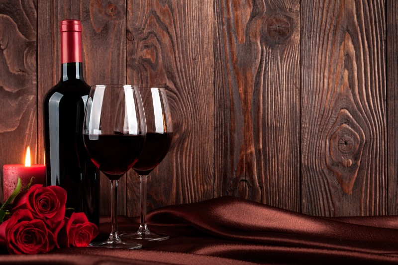 Board, background, red, candle, bokeh, flowers, roses, bottle, fire, 5K, glasses, wine, fabric