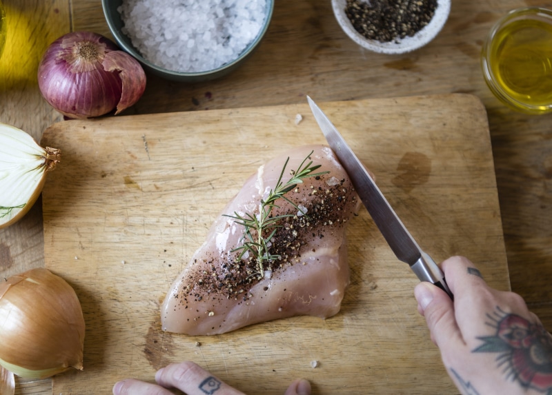 piece, preparing food, fresh, dish, knife, rosemary, 4K, ingredient, slice, herb, tattooed, wooden, spice, one person, food, wellbeing, meat, chopping