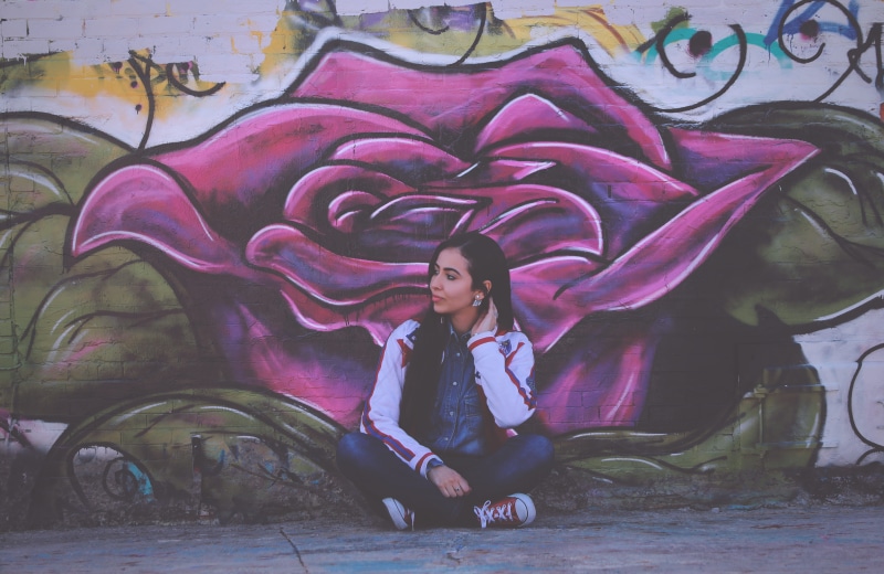 concepts And Ideas, young women, art and craft, 5K, front, red, woman, purple, leisure activity, real people, sitting, young adult, wall, adult, painting