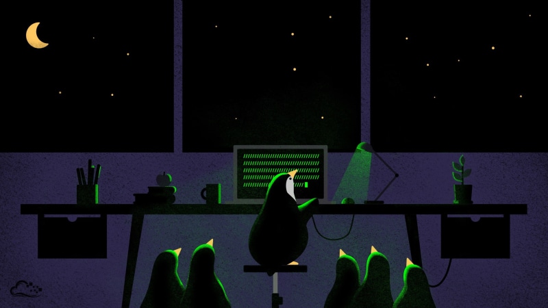 green color, leisure activity, illuminated, purple, household equipment, lighting equipment, no people, table, silhouette, 2K, digitalocean penguins night computer