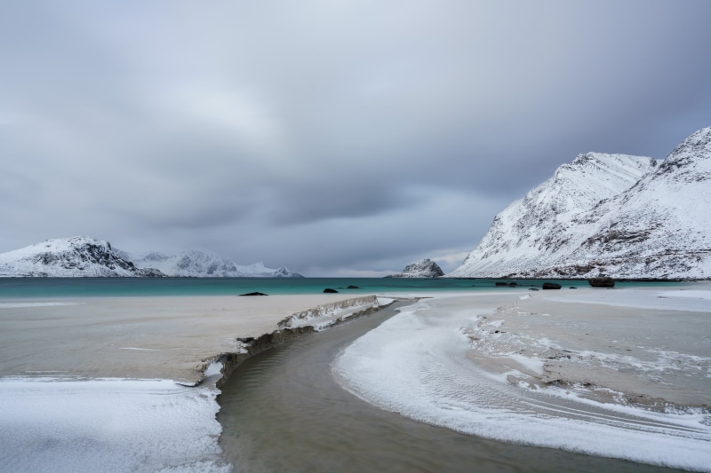 scenics, mountain, ice, water, Haukland, outdoors, body, Sunrise, Lofoten Islands, River of Ice, white, nature, Sony A7rii, snow, winter, sand, Sand  Snow