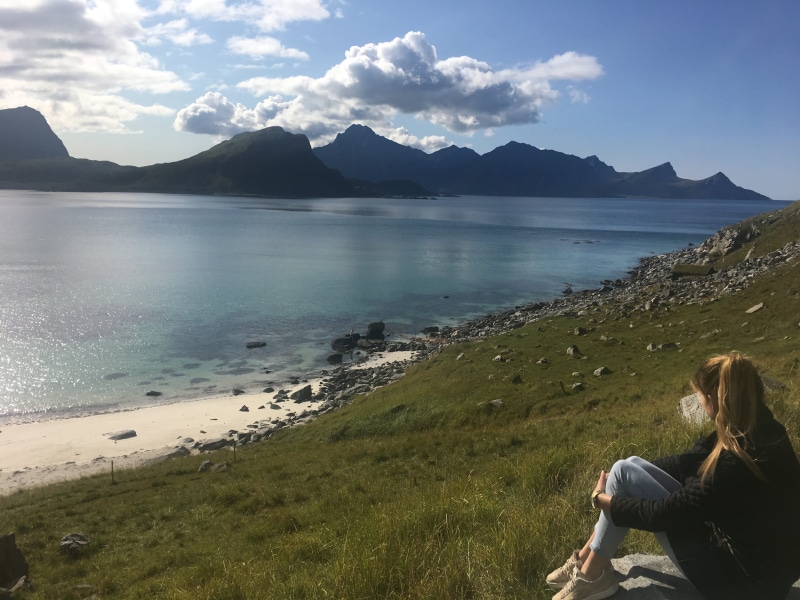 leisure activity, woman, tranquil scene, outdoors, seascape, islands, sky, norge, casual clothing, traveling, beauty in nature, norway, mountains, scenics - nature