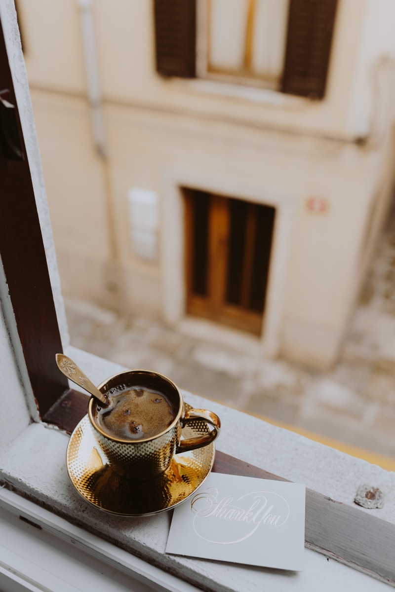 slovenia, golden, food and drink, morning, gold, paper, cafe, architecture, built structure, 5K, nature, black coffee, still life, coffee, day, window