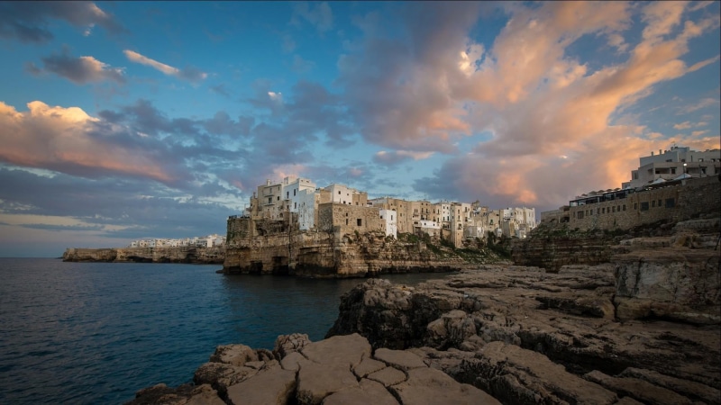 no people, ruined, 1080P, built structure, italy, sky, building, rock - object, travel, travel destinations, cloud, tourism, bari, sunset, the past, coast