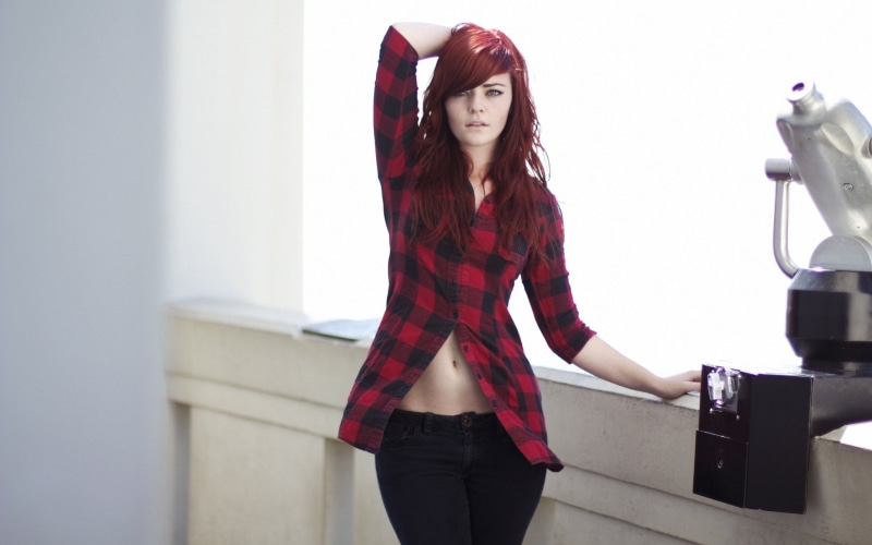 looking at camera, casual clothing, flannel, beauty, long hair, red, young adult, lifestyles, adult, portrait, women, s, black, looking at viewer, 2K