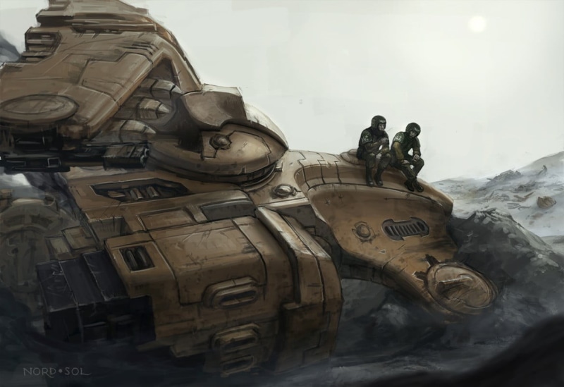 winter, Warhammer 40,000, no people, science fiction, sculpture, 480P, day, cold temperature, mode of transportation, craft, Tau Empire, representation