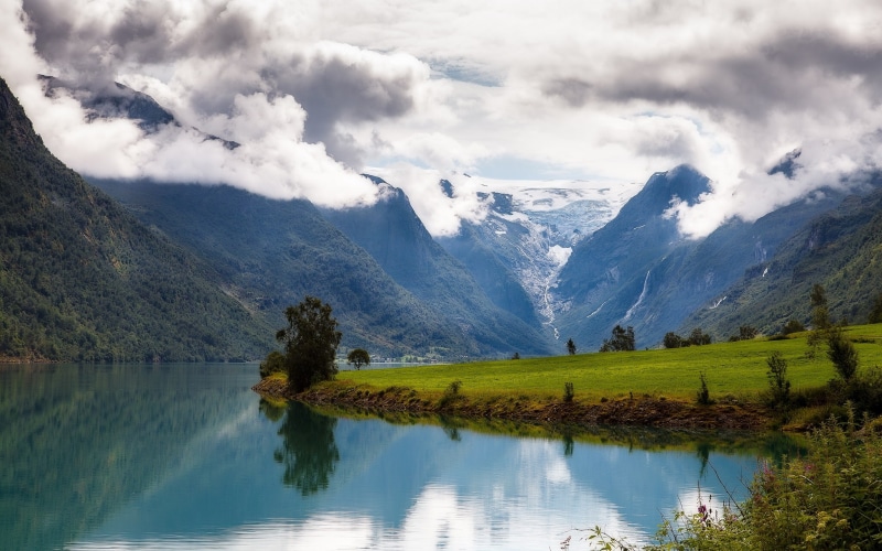 Nord-fjord, sky, green color, Norway, beauty in nature, day, water, 1080P, no people, plant, tranquil scene, lake, idyllic, cloud - sky, clouds, tranquility