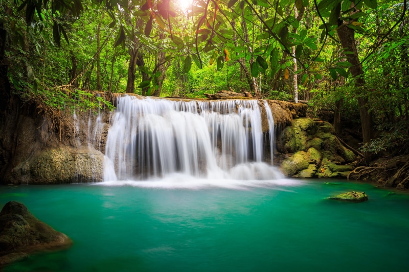 flowing Water, travel destinations, leaves, springtime, idyllic, tree, non-urban scene, sky, kanchanaburi Province, summer, rapid, forest, long exposure