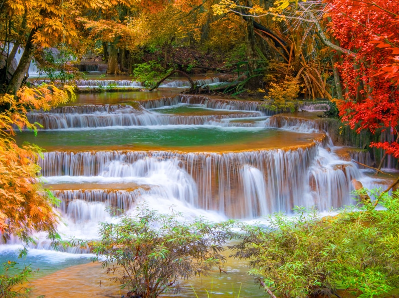 tranquil Scene, summer, change, plant, green Color, beauty In Nature, trees, falling, waterfall, outdoors, autumn, motion, stream, park - Man Made Space