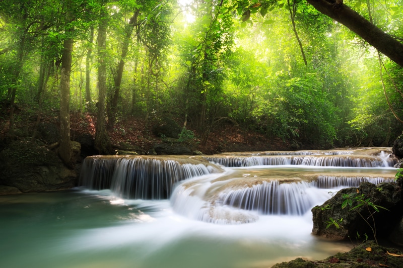 no people, springtime, waterfall, beautiful, lake, scenics, sky, day, stream - flowing water, kanchanaburi Province, summer, flowing, power in nature, heaven