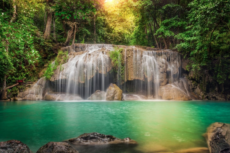 2K, trees, jungle, waterfront, uncultivated, purity, flowing Water, no people, nature, Thailand, outdoors, motion, land, turquoise colored, rock - Object